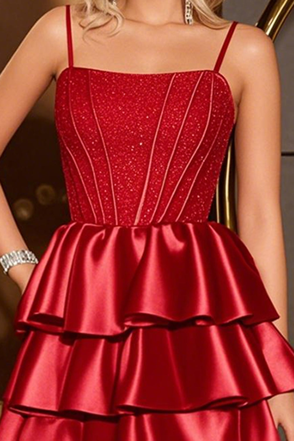 Dark Red Satin A Line Tiered Corset Short Homecoming Dress