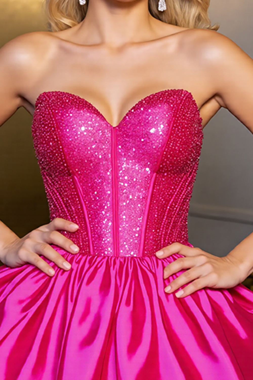 Sparkly Fuchsia Satin Strapless Corset A Line Short Homecoming Dress