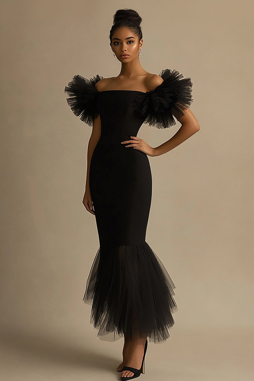 Black Satin Off The Shoulder Mermaid Ruffled Long Prom Dress