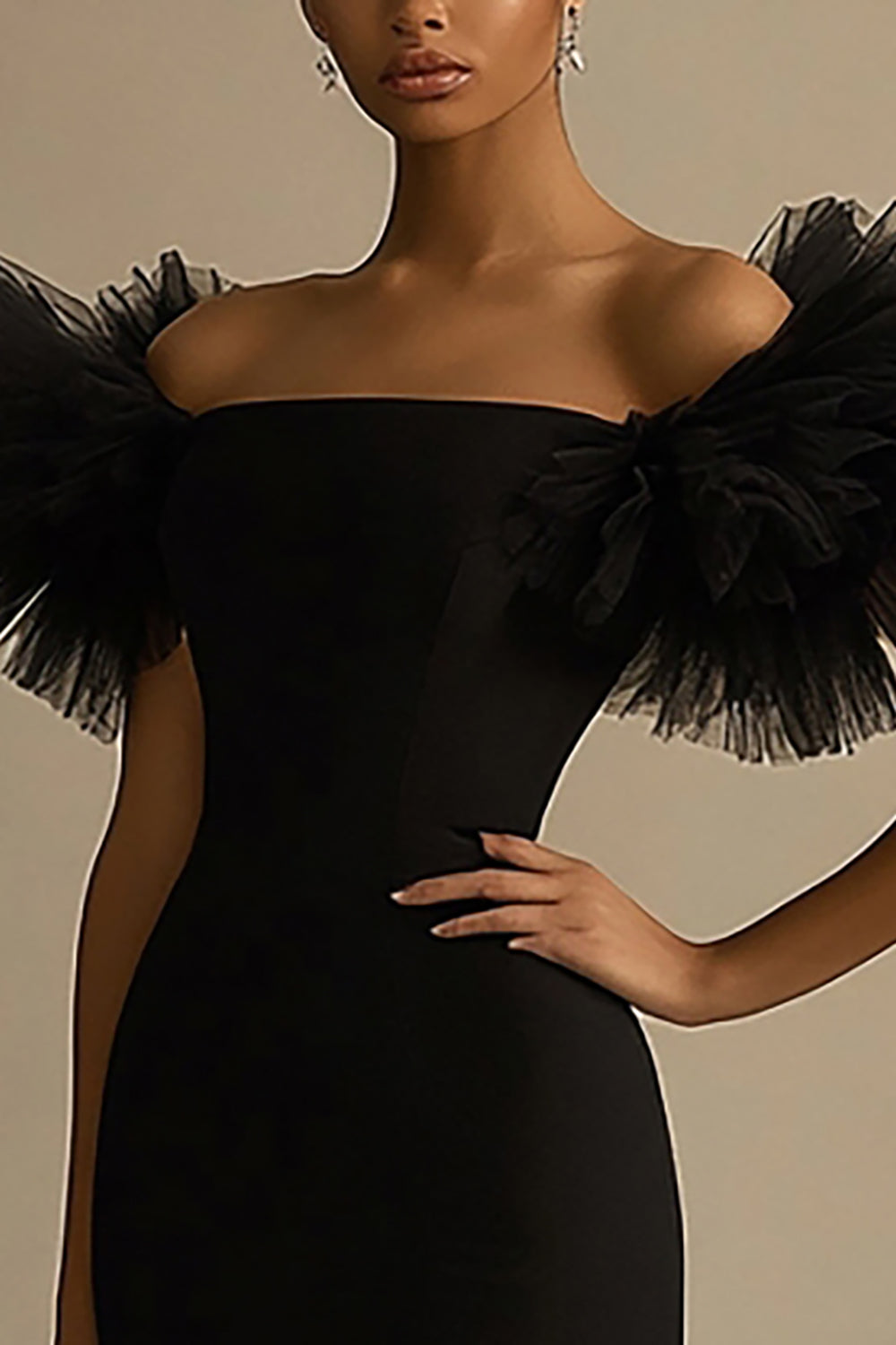 Black Satin Off The Shoulder Mermaid Ruffled Long Prom Dress