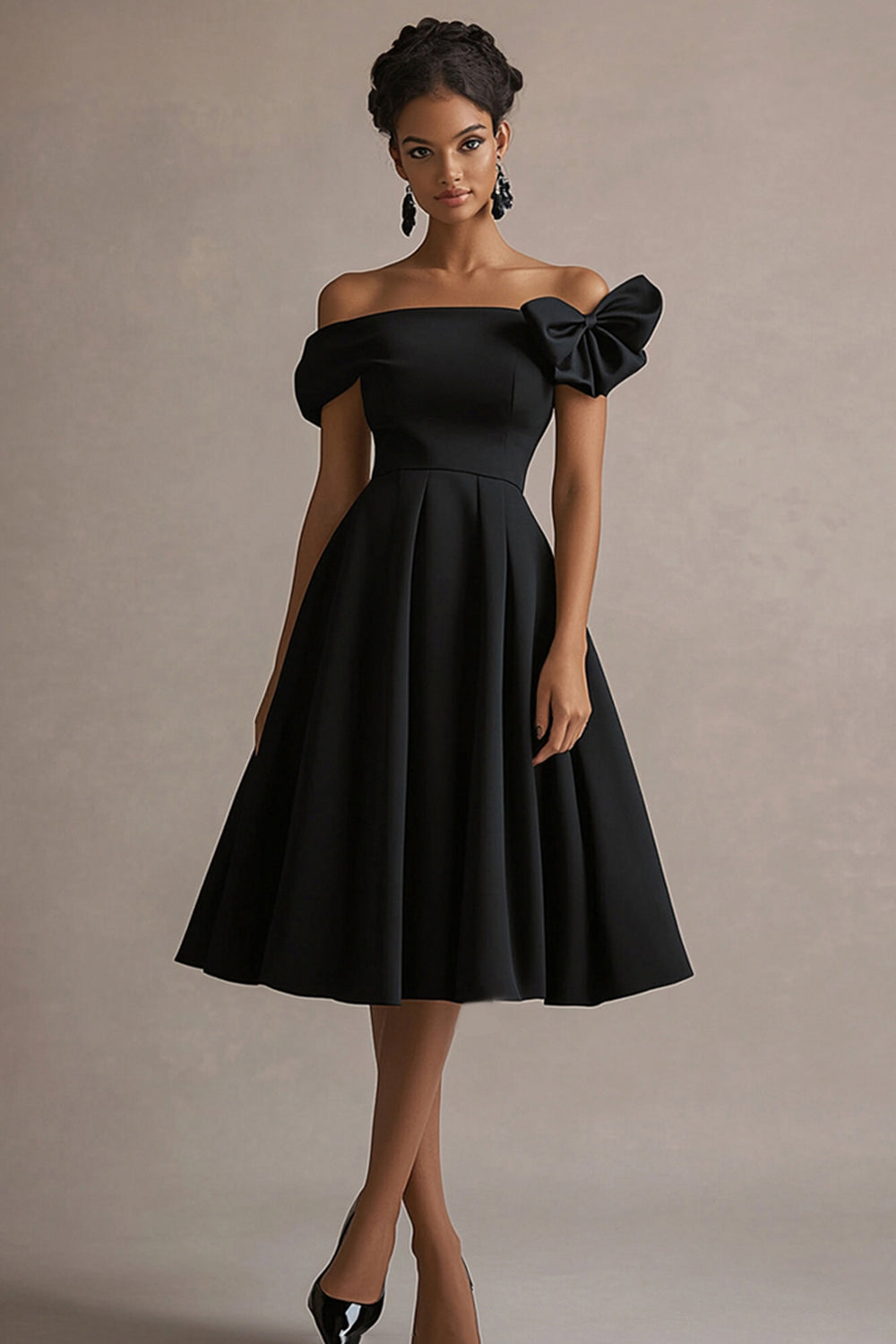 Black Satin Off The Shoulder A Line Midi Prom Dress with Bow