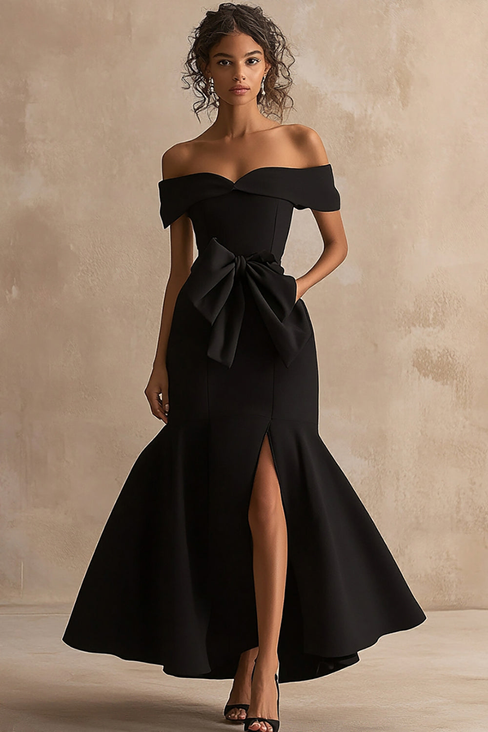 Black Satin Off The Shoulder Mermaid Long Prom Dress with Slit