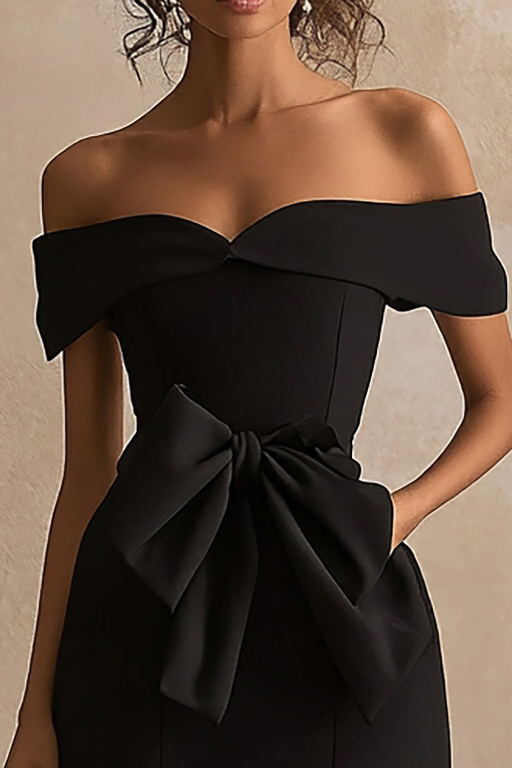 Black Satin Off The Shoulder Mermaid Long Prom Dress with Slit