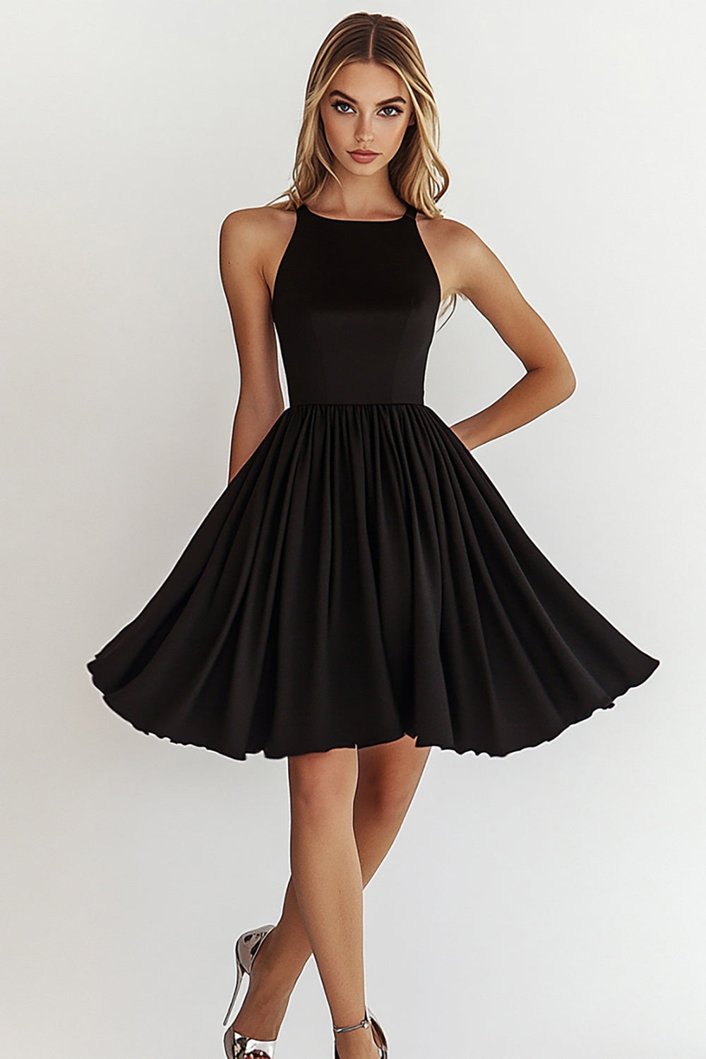 Black Boat Neck A Line Pleated Short Cocktail Dress