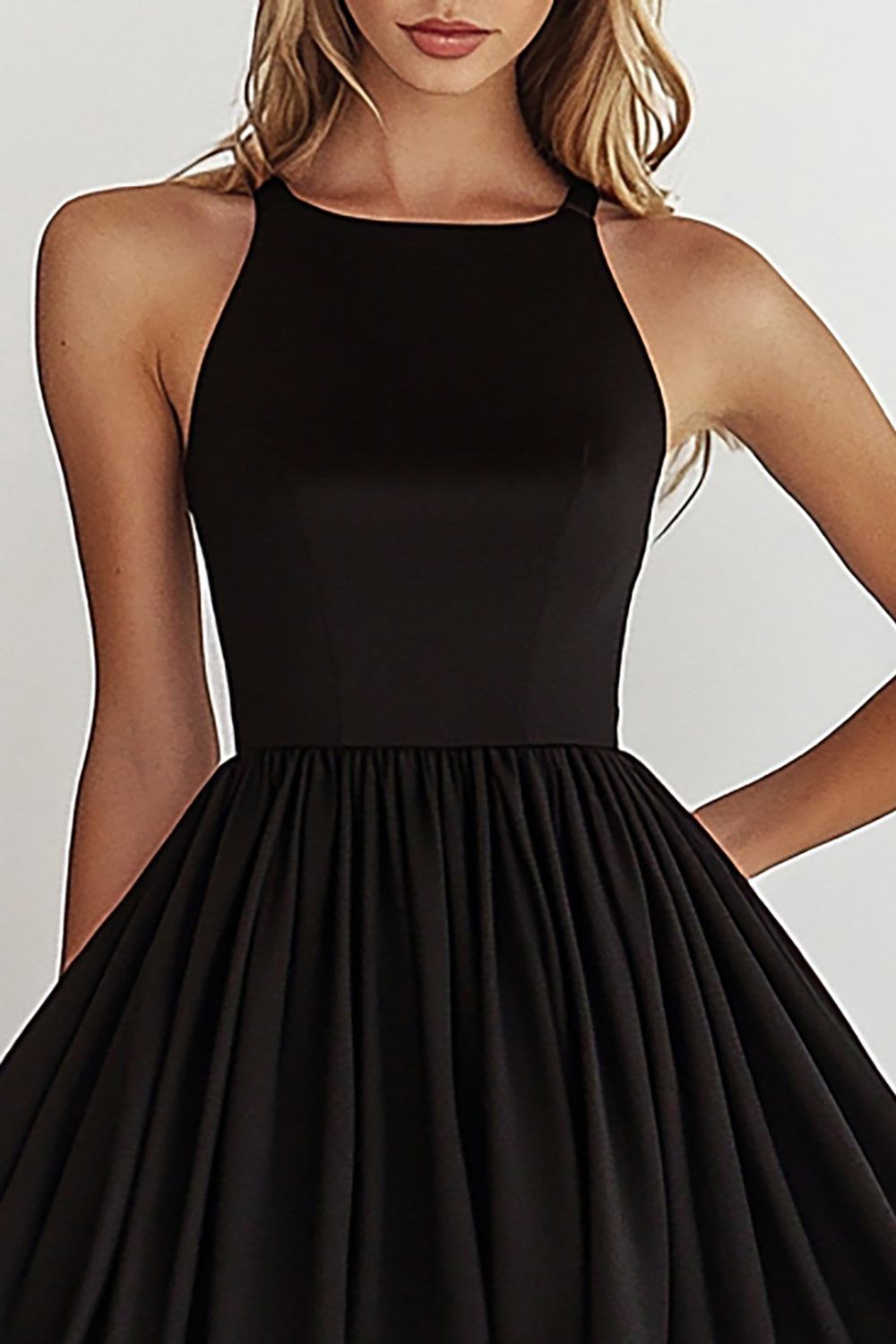 Black Boat Neck A Line Pleated Short Cocktail Dress
