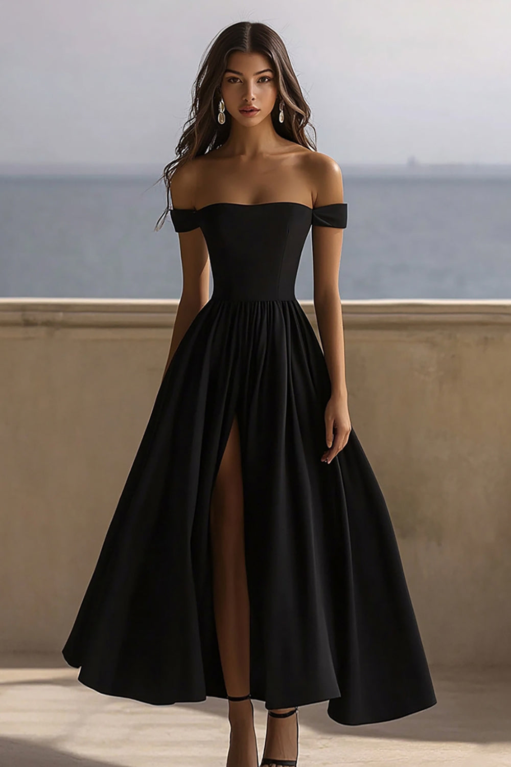 Black Satin Off The Shoulder A Line Long Prom Dress with Slit