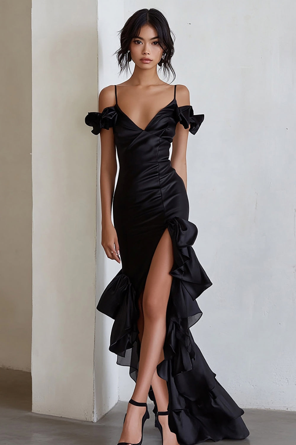 Black Cold Shoulder Ruffled Sheath Long Prom Dress