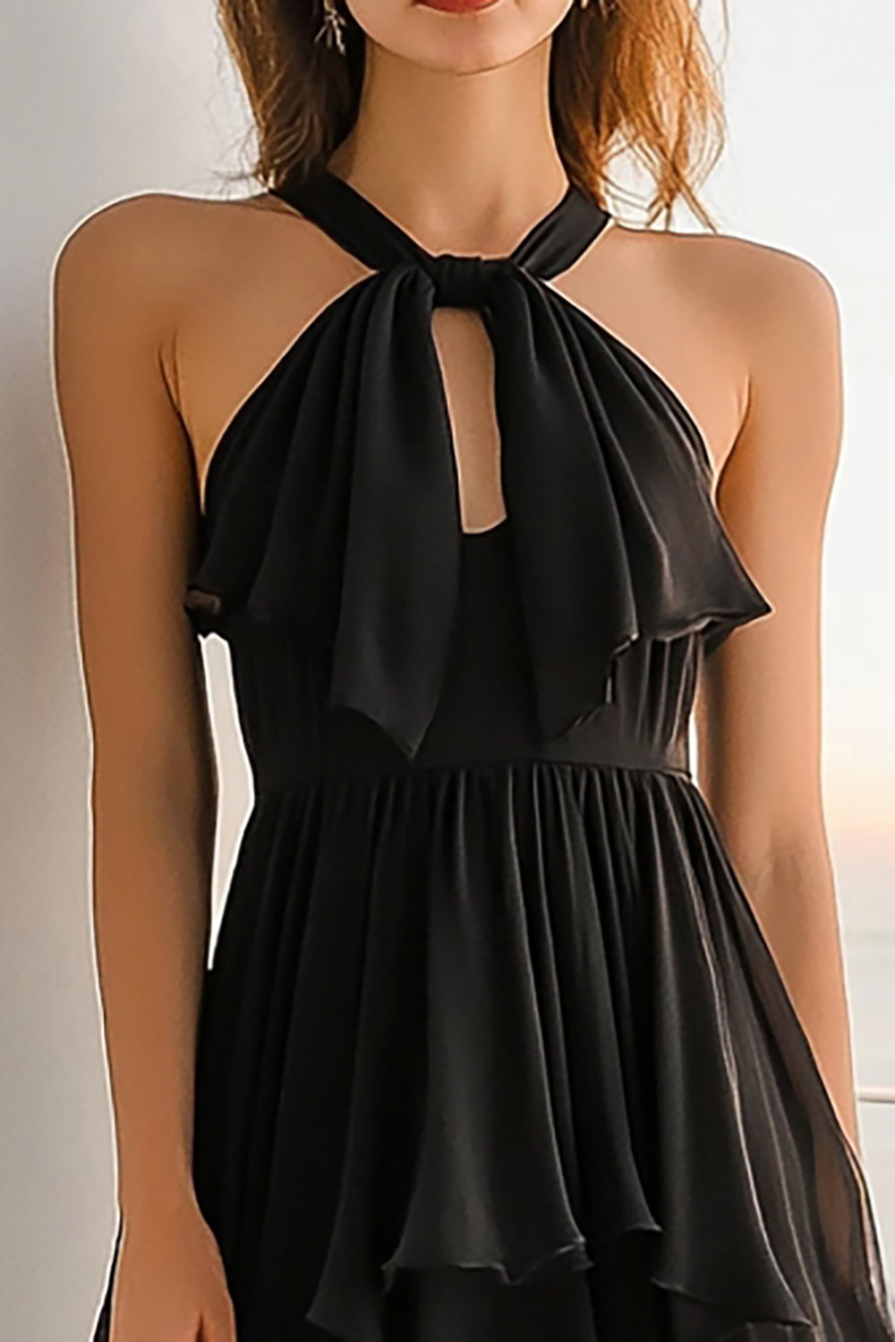 Black Chiffon Halter A Line Tiered Short Homecoming Dress with Keyhole