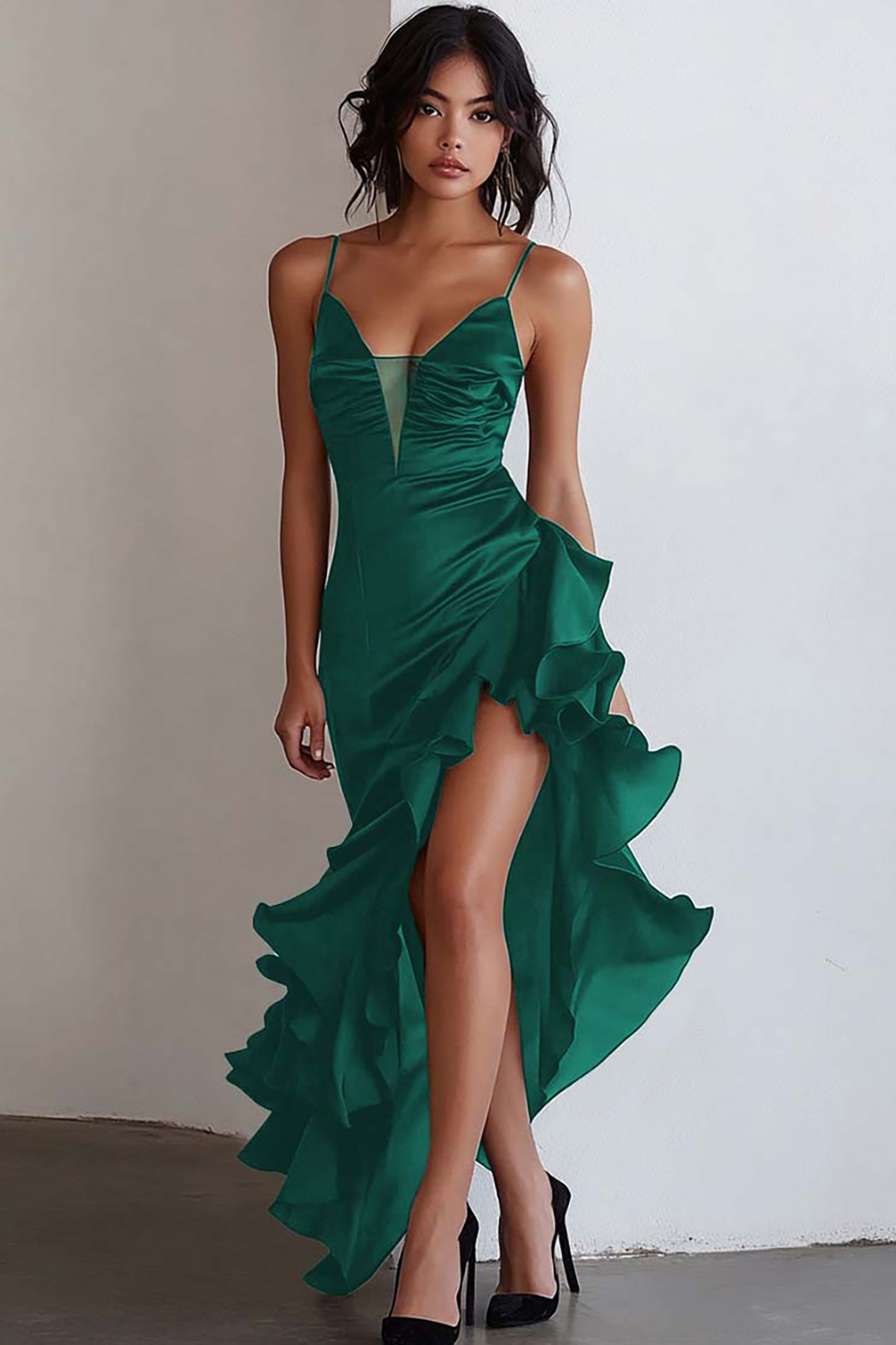 Black Spaghetti Straps Sheath Ruffled High-Low Prom Dress