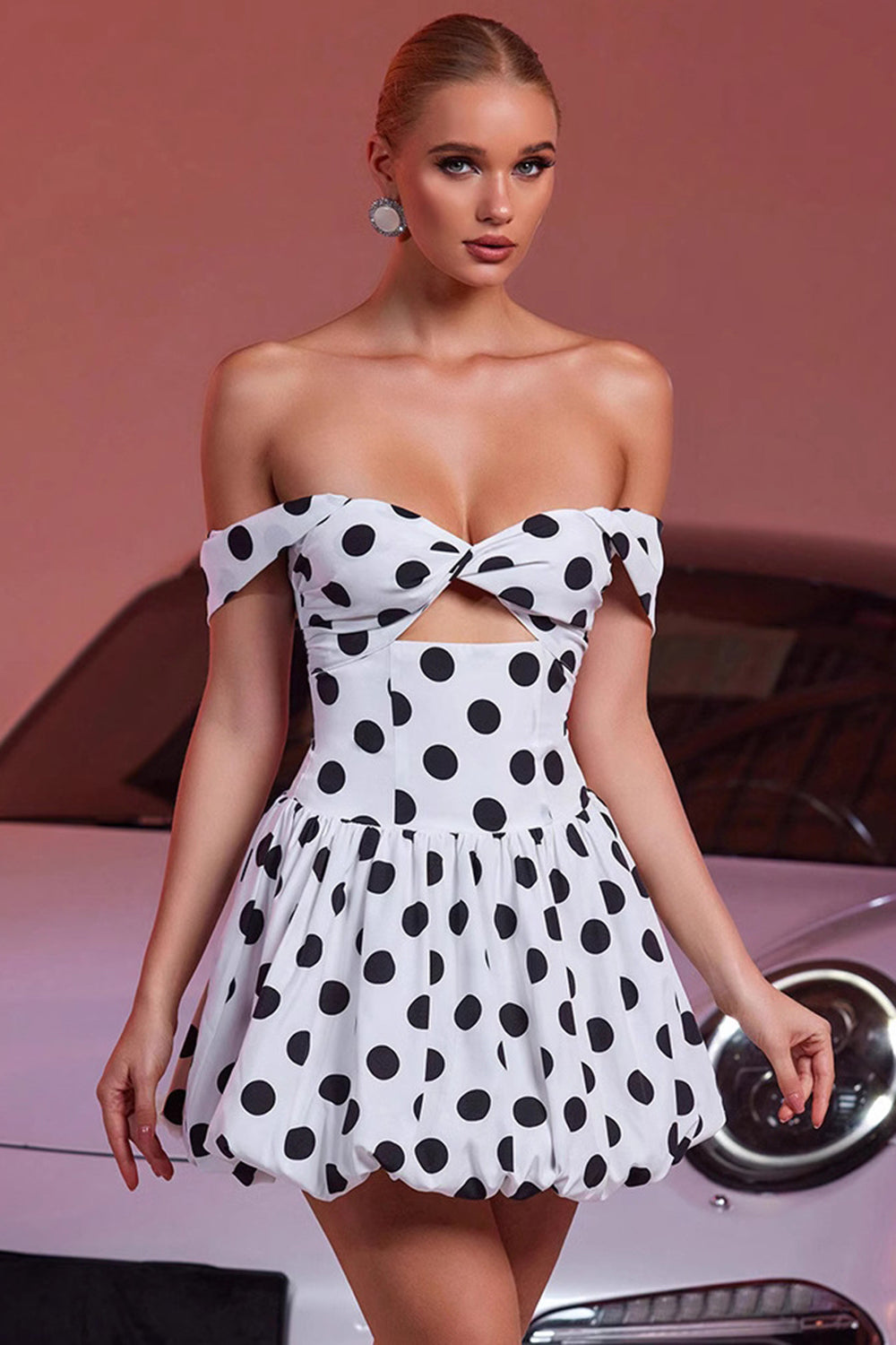 Black and White Polka Dots A Line Cut Out Short Vintage Homecoming Dress