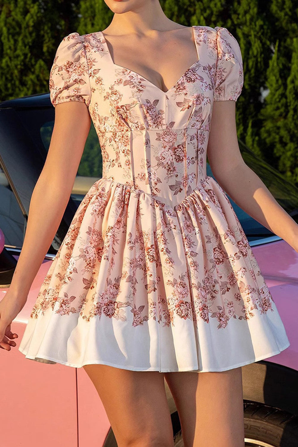 Blush A Line Corset Floral Short Vintage Homecoming Dress with Short Sleeves