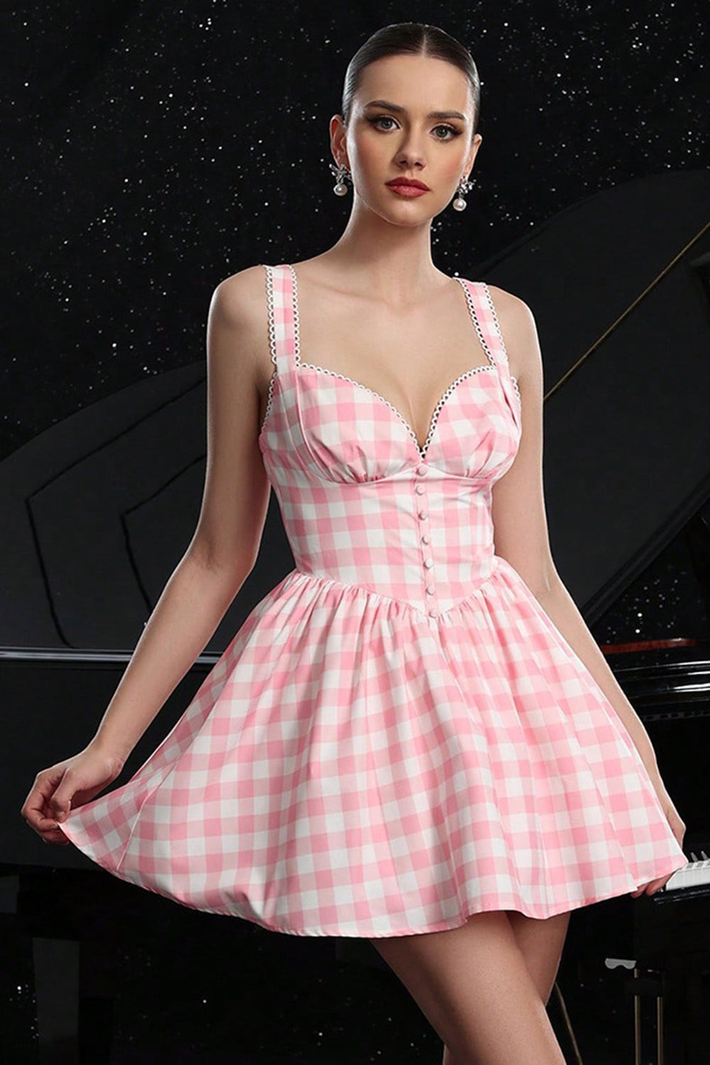 Blush Satin A Line Plaid Short Vintage Homecoming Dress