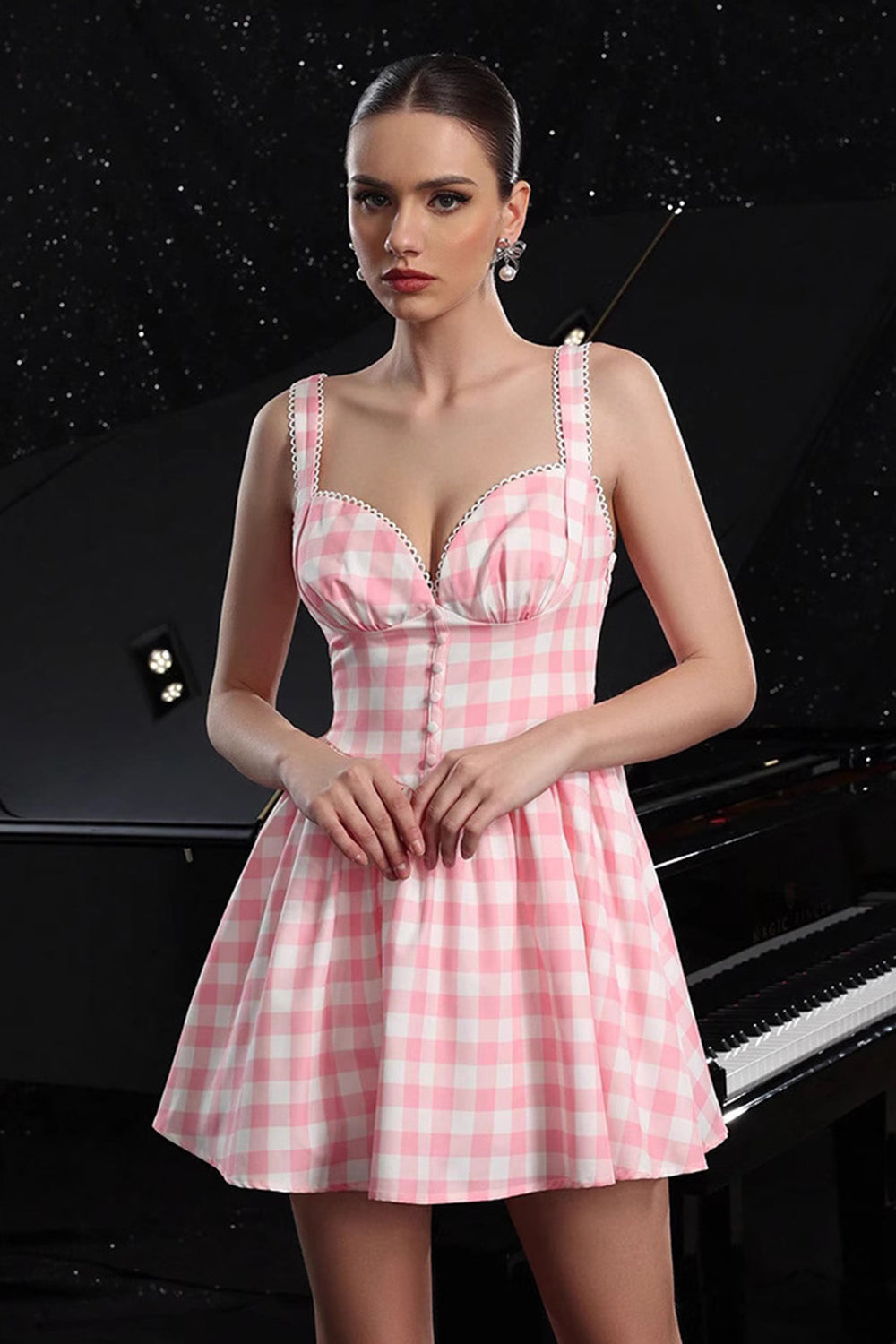 Blush Satin A Line Plaid Short Vintage Homecoming Dress