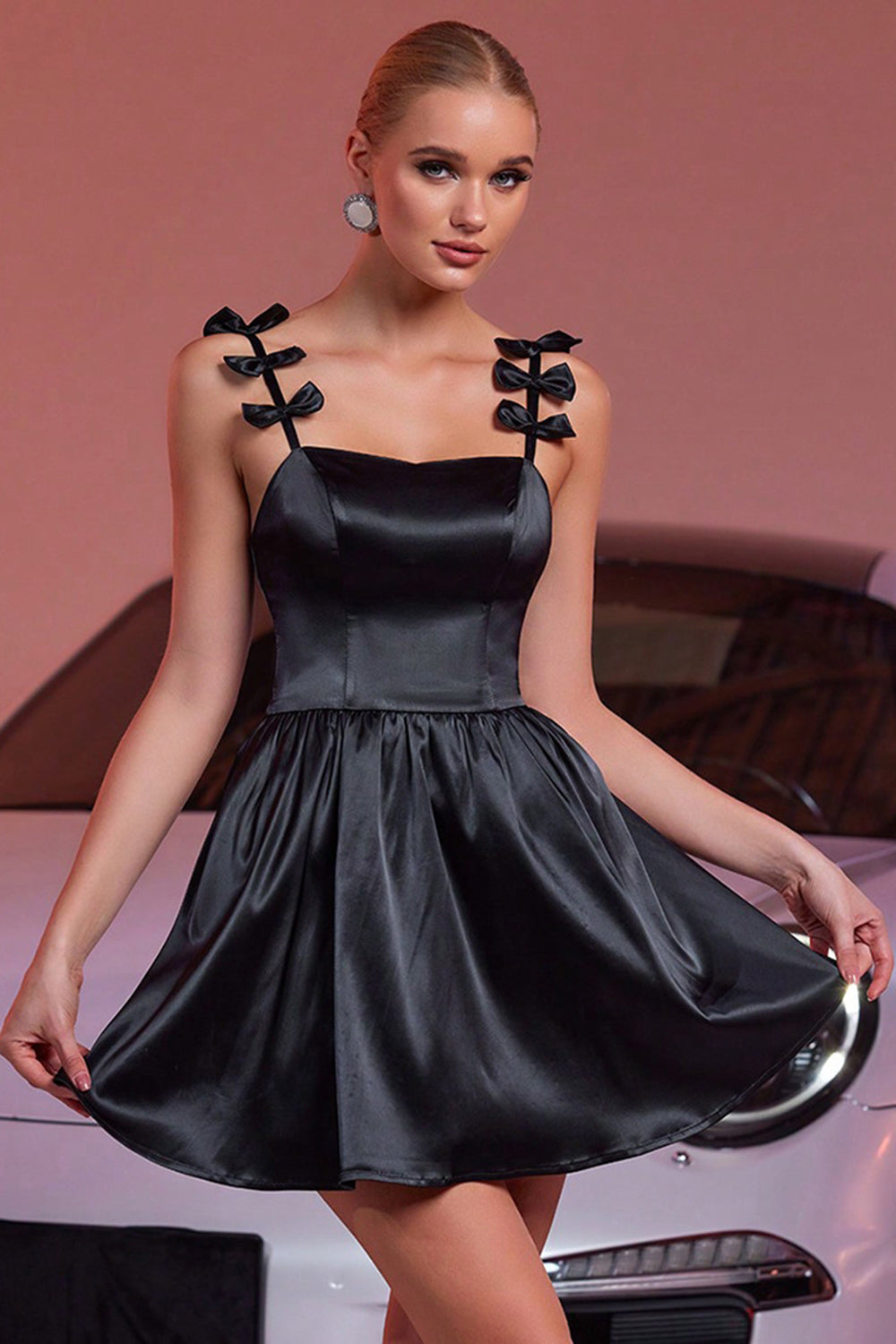 Black Satin A Line Spaghetti Straps Short Homecoming Dress with Bows