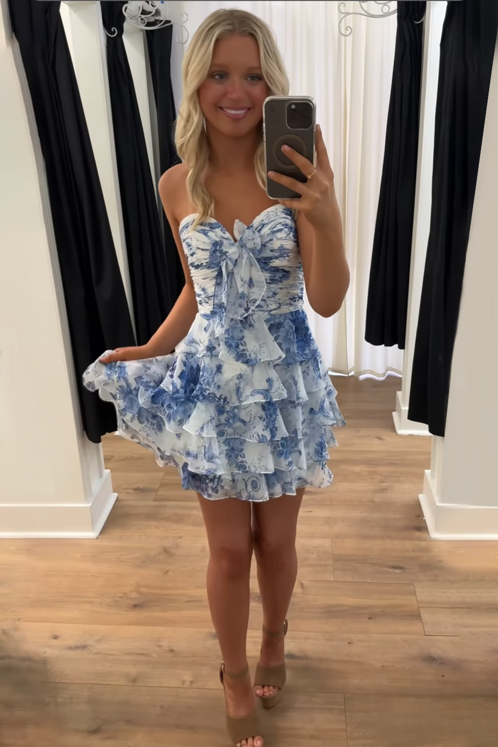 Pink Floral Ruffled Chiffon Short Homecoming Dress with Bow