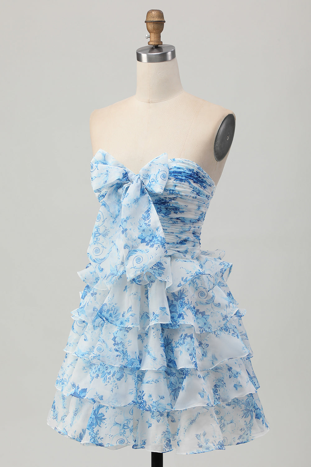 White and Blue Floral Strapless Short Ruffled Homecoming Dress with Bow