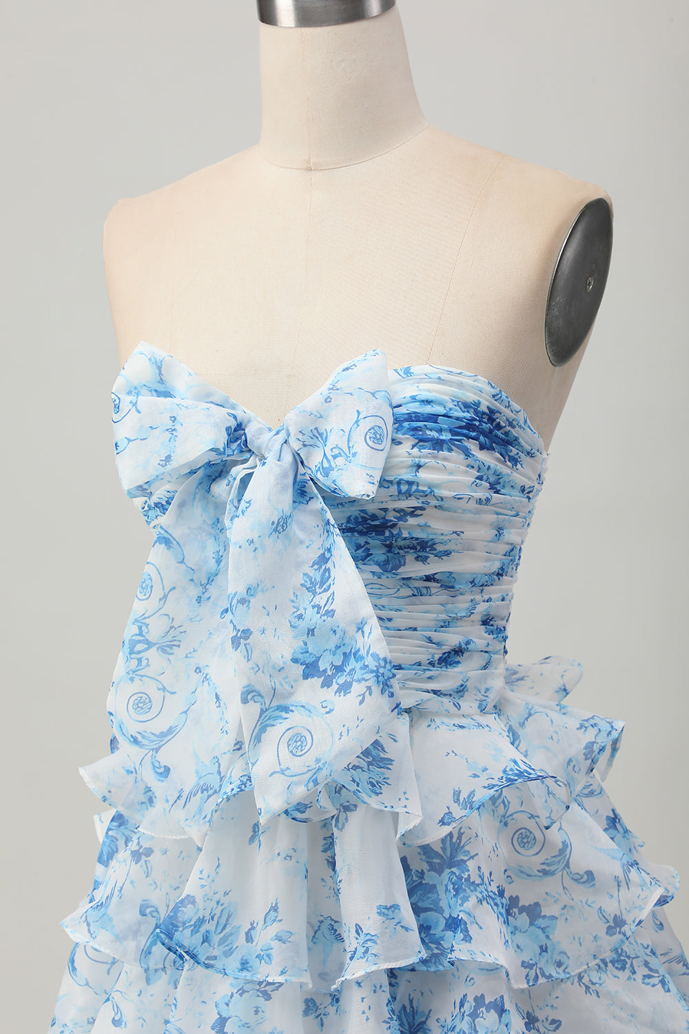 White and Blue Floral Strapless Short Ruffled Homecoming Dress with Bow