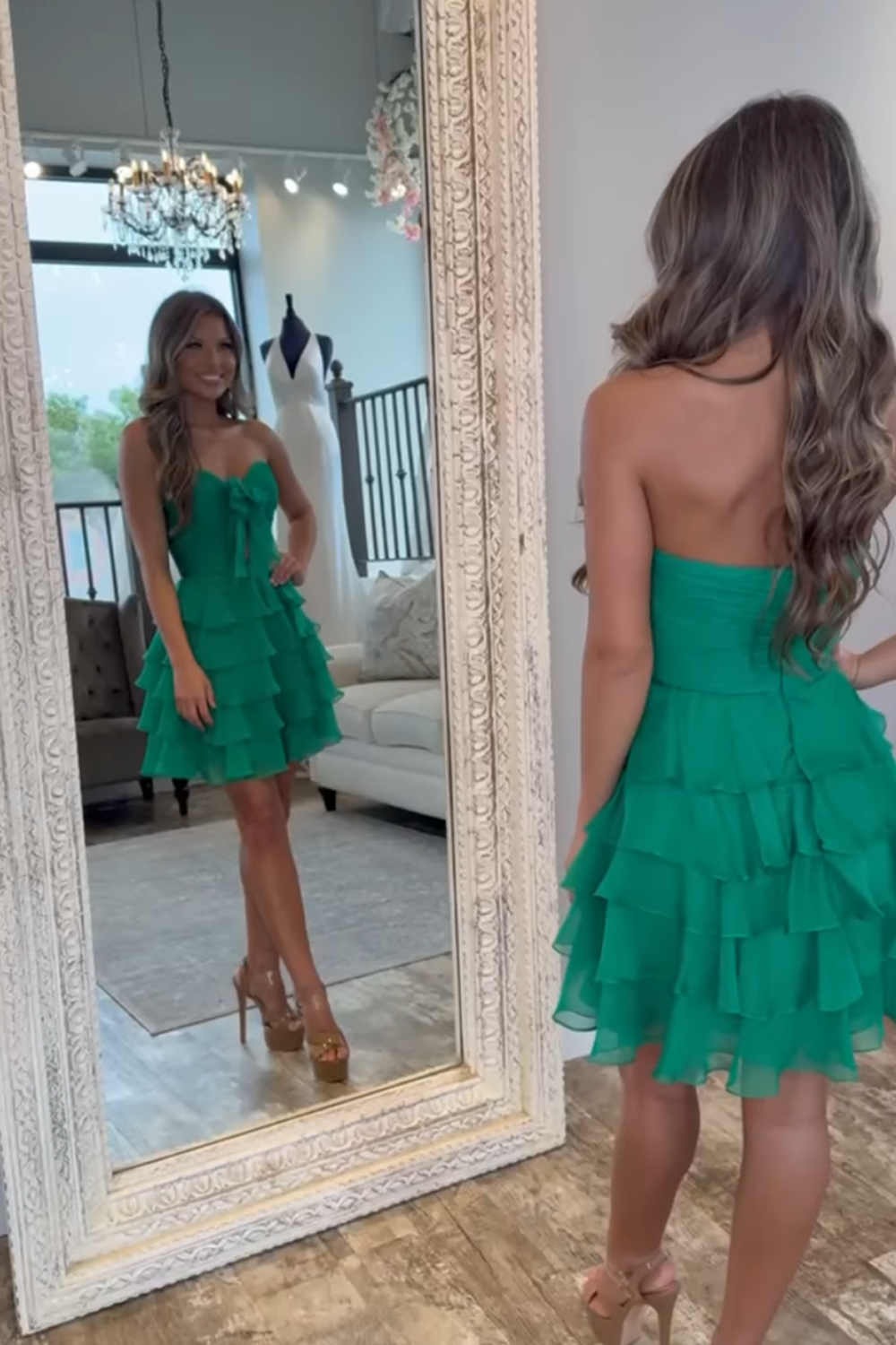 Green A Line Tulle Tiered Sweetheart Short Homecoming Dress