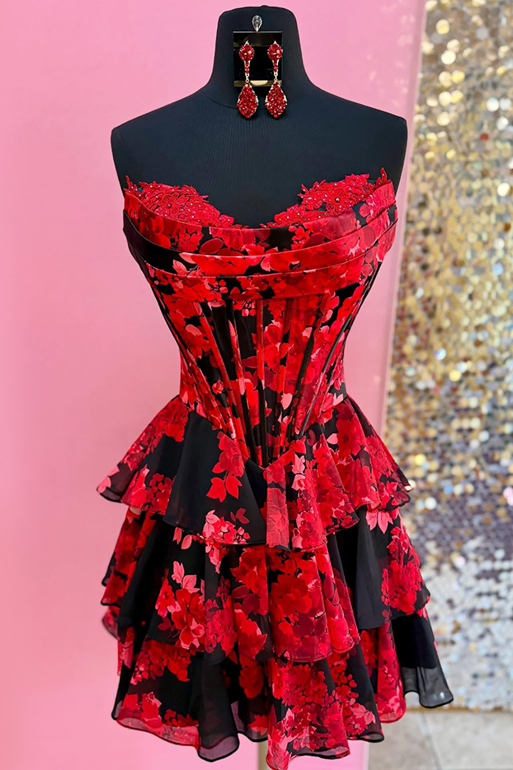 Black Red Floral Corset Short Homecoming Dress with Ruffles