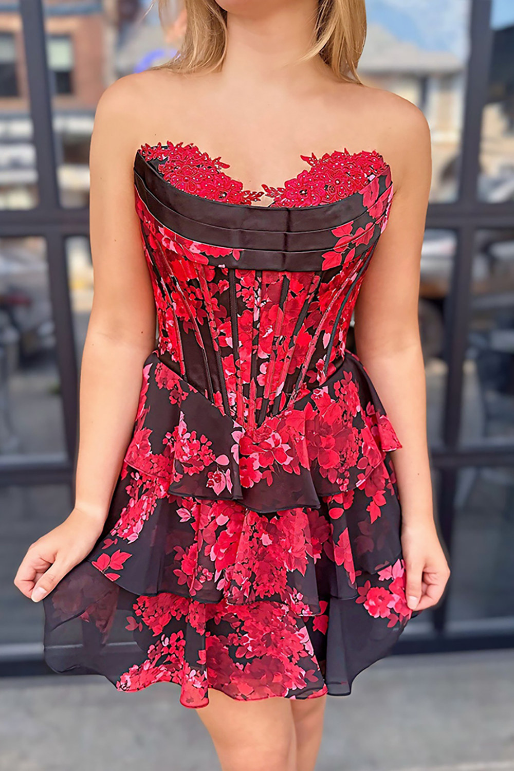 Black Red Floral Corset Chiffon Short Homecoming Dress with Ruffles