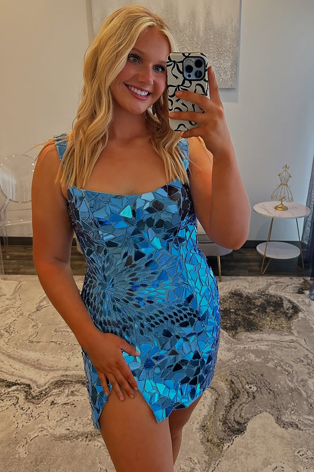 Blue Tight Mirror Short Homecoming Dress with Slit