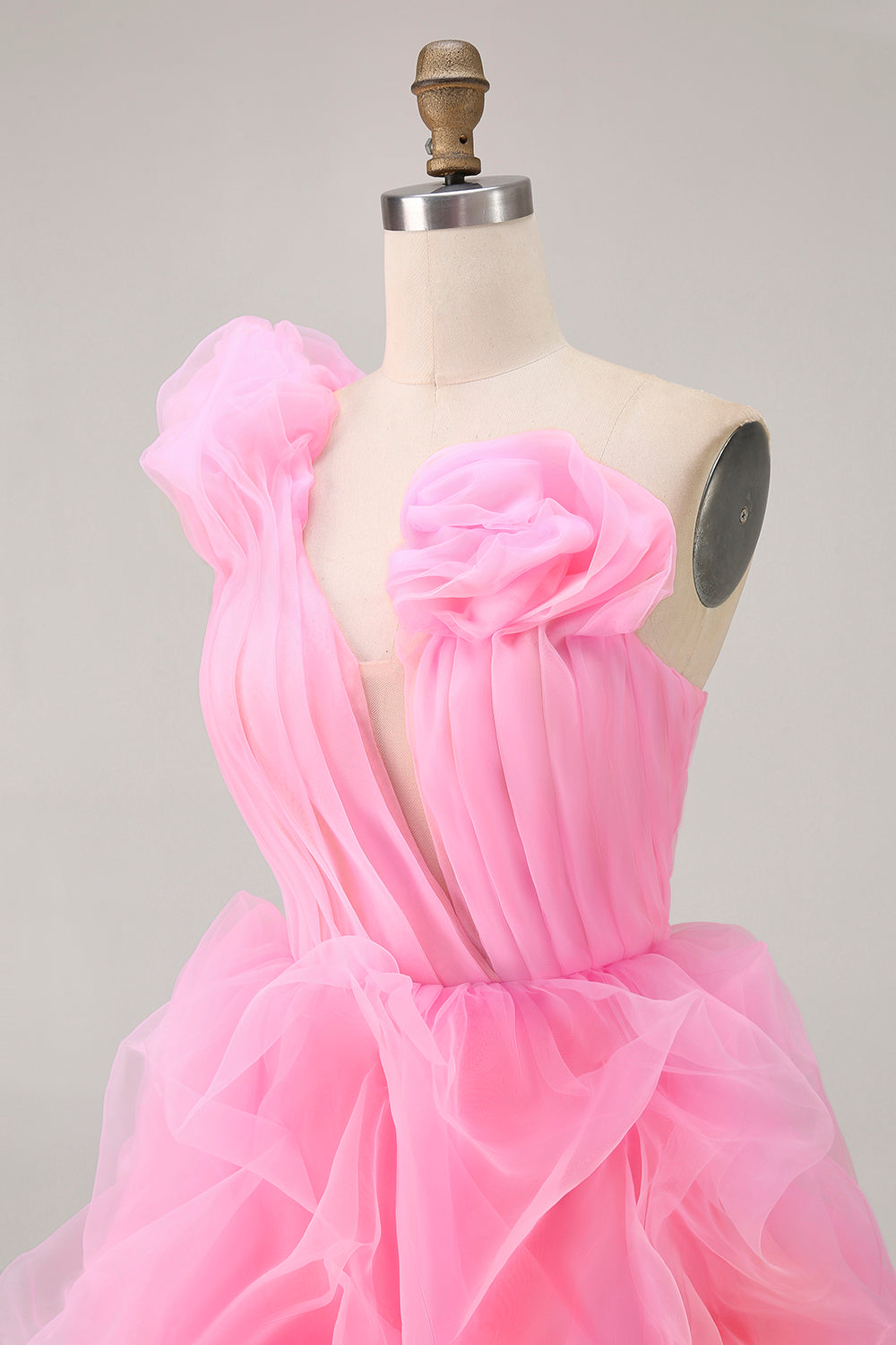 Floral Hot Pink One Shoulder Ruffled Tulle High-Low Homecoming Dress