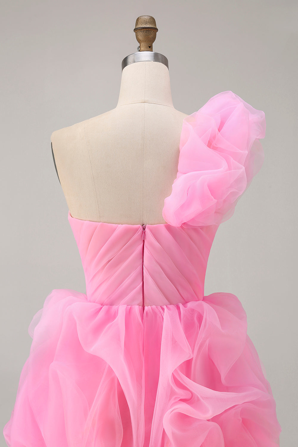 Floral Hot Pink One Shoulder Ruffled Tulle High-Low Homecoming Dress