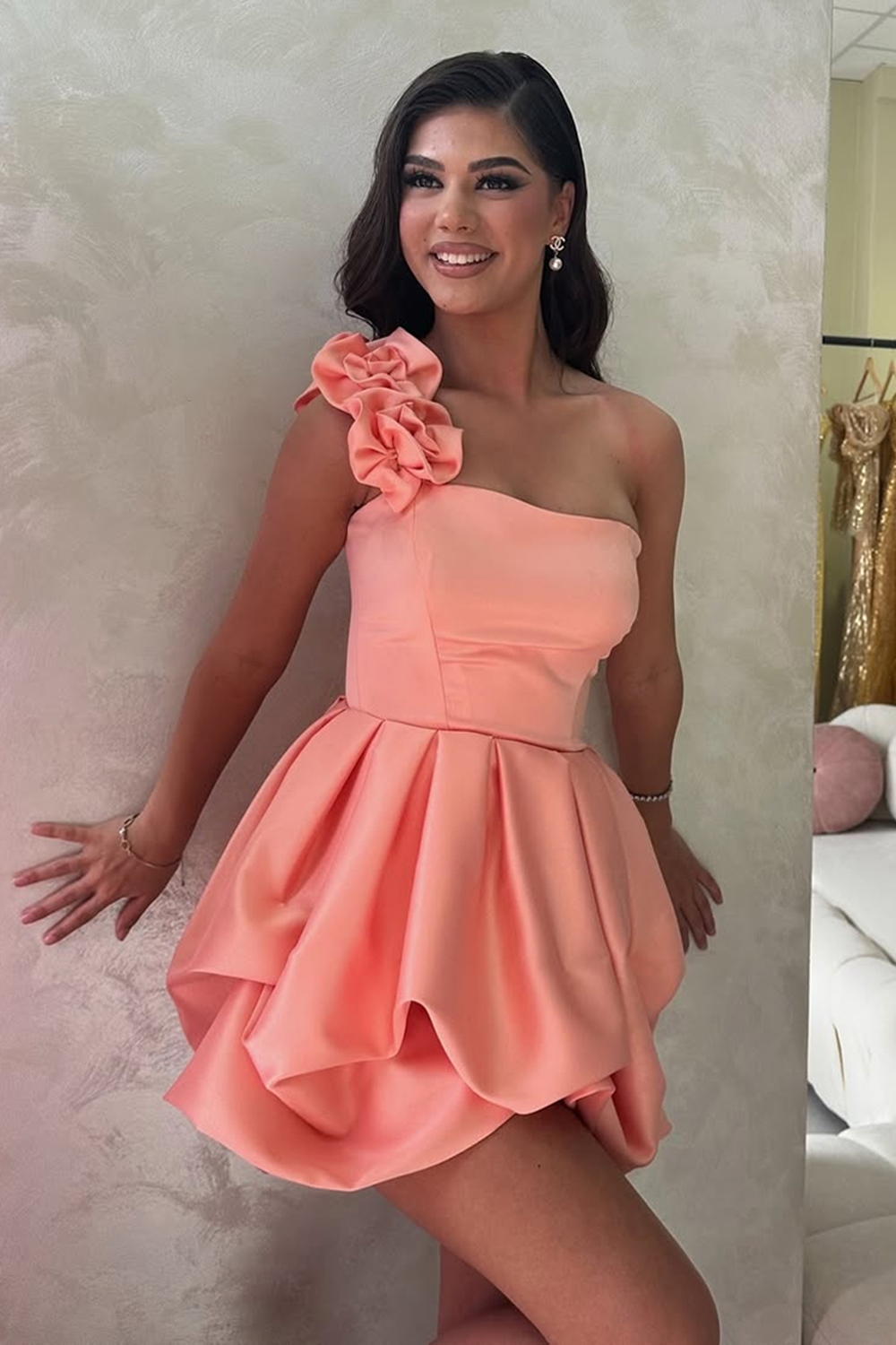 Orange Satin A Line Short Homecoming Dress with Ruffles