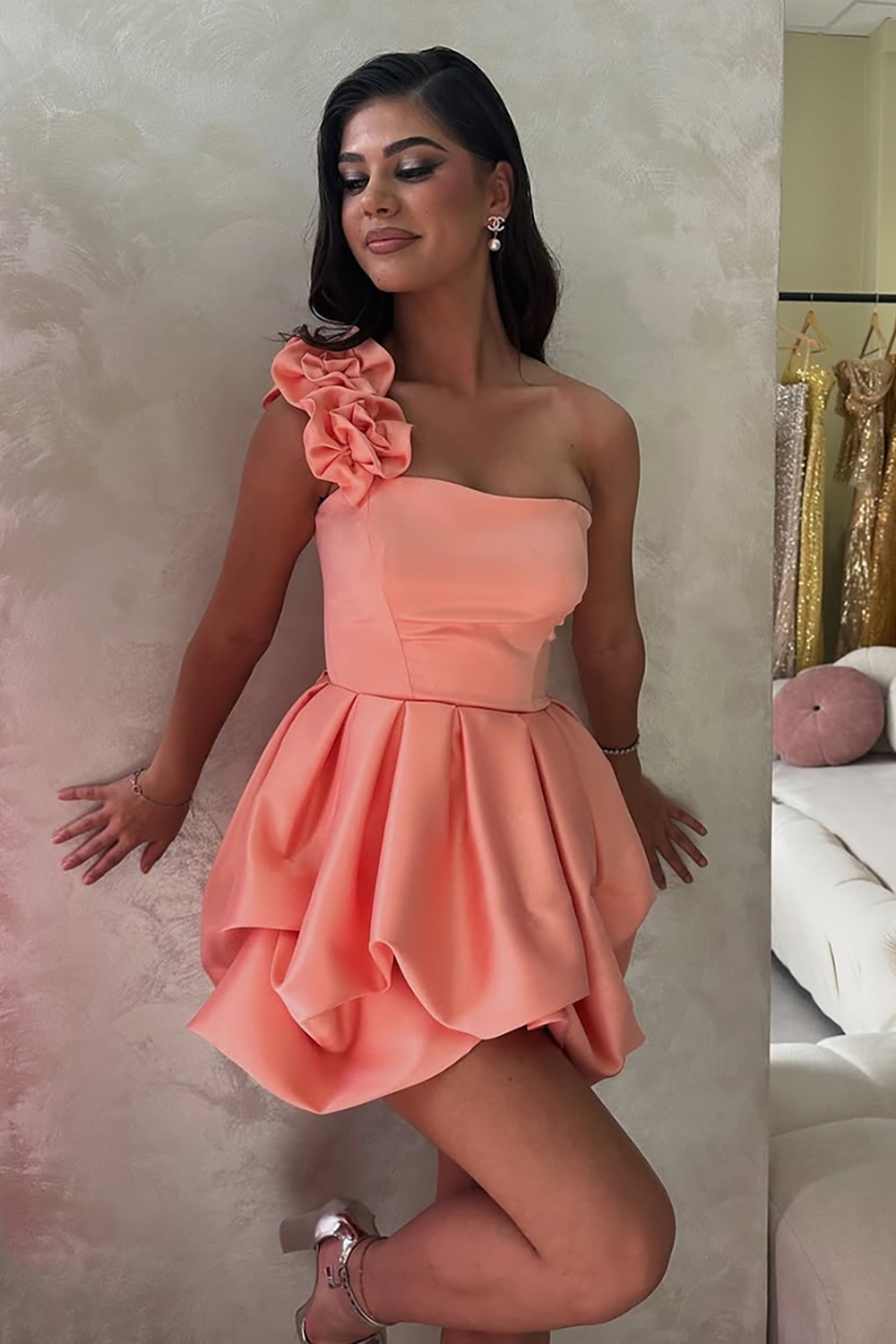 Orange Satin A Line Short Homecoming Dress with Ruffles