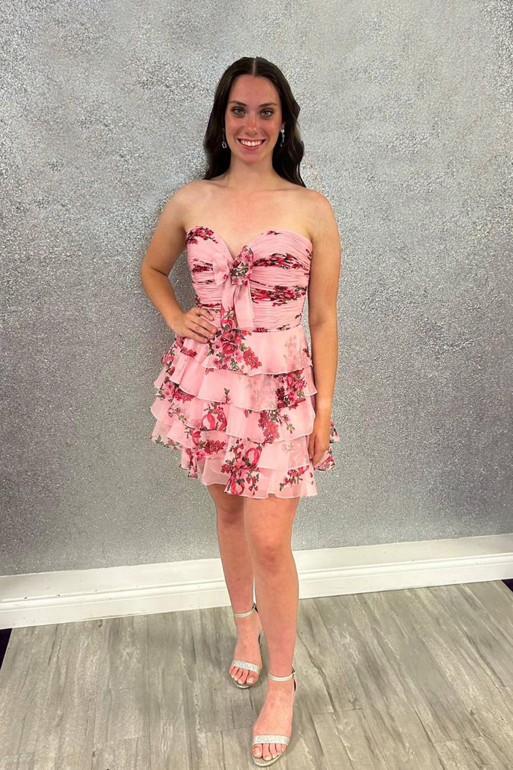 Blue Floral Ruffled Chiffon Short Homecoming Dress with Bow