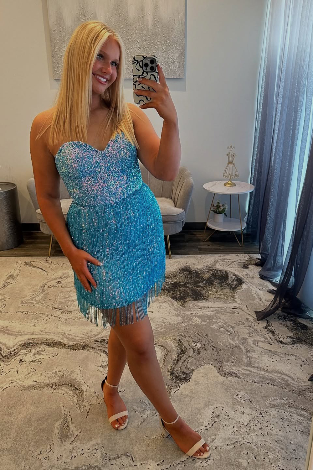 Sparkly Blue Sequins Sweetheart Bodycon Short Homecoming Dress with Fringes