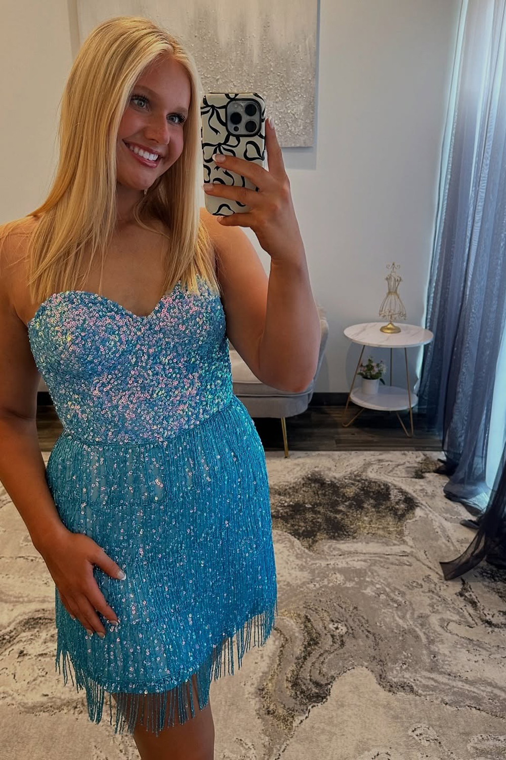 Sparkly Blue Sequins Sweetheart Bodycon Short Homecoming Dress with Fringes