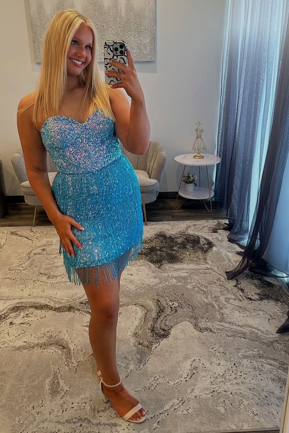 Sparkly Blue Sequins Sweetheart Bodycon Short Homecoming Dress with Fringes