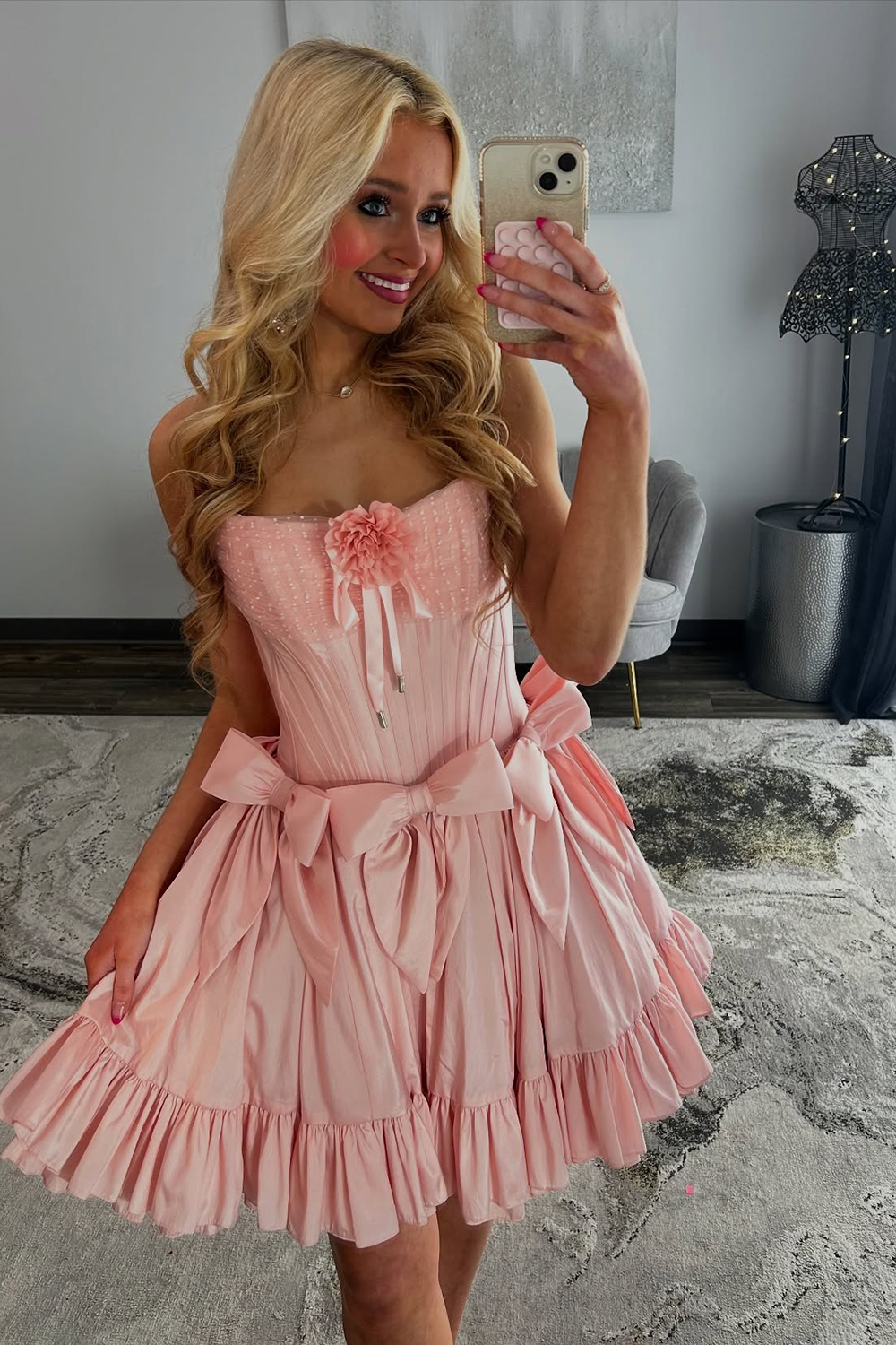 Pink Satin Strapless A Line Ruffled Short Homecoming Dress with Bows