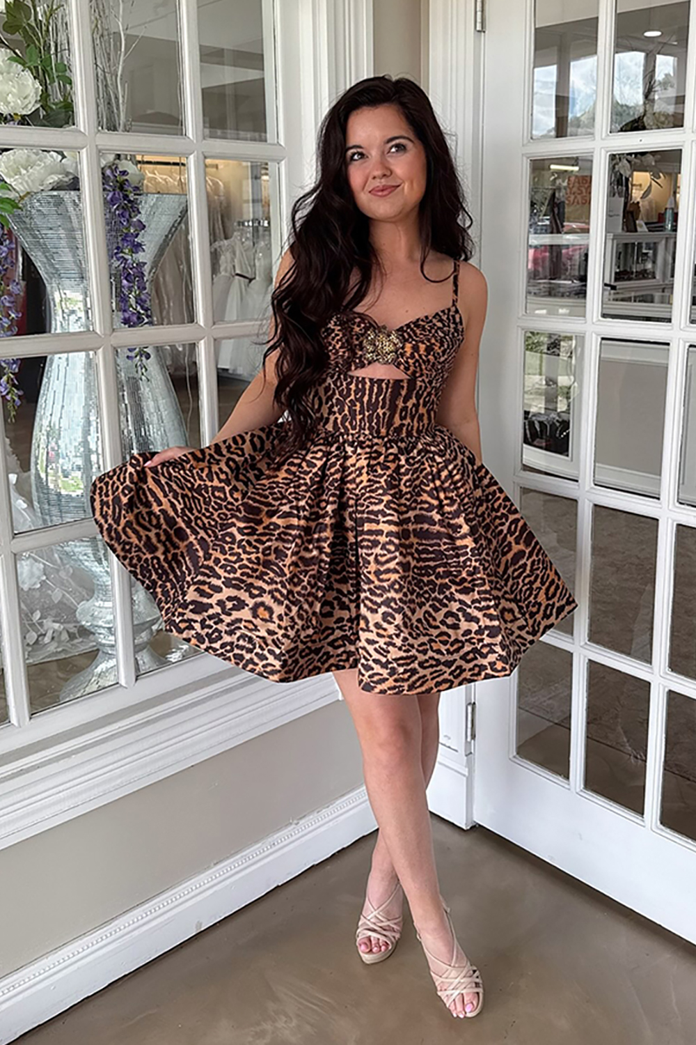 Homrain Women Sparkly Brown Leopard Short Homecoming Dress with Beading Spaghetti Straps A Line Cocktail Dress with Keyhole