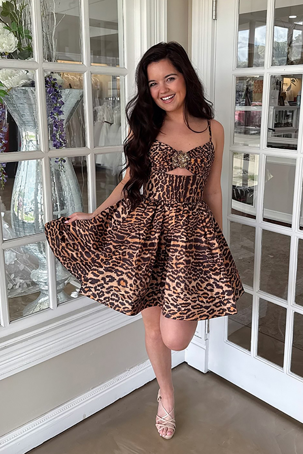 Sparkly A Line Brown Leopard Short Homecoming Dress with Beading