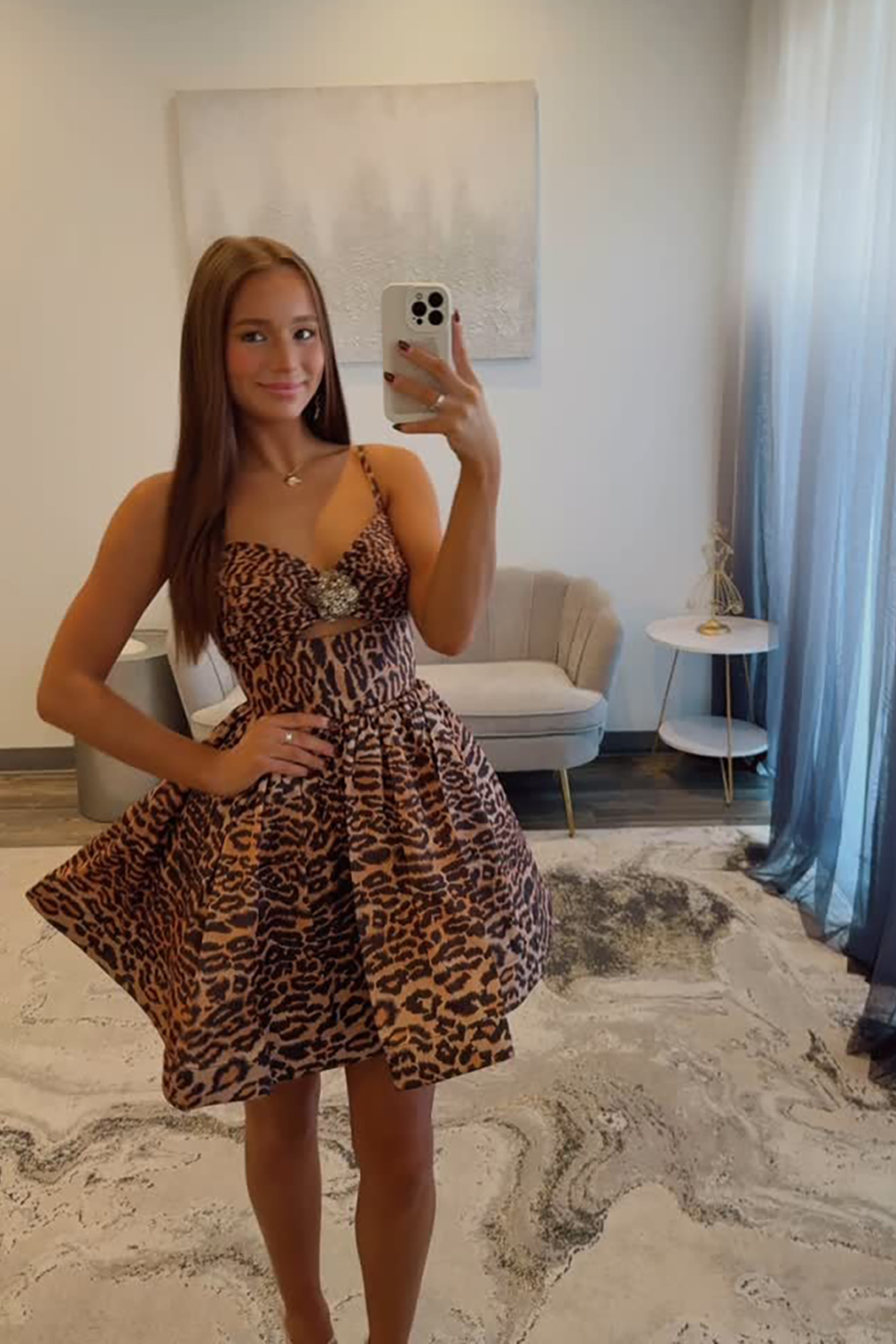 Homrain Women Sparkly Brown Leopard Short Homecoming Dress with Beading Spaghetti Straps A Line Cocktail Dress with Keyhole