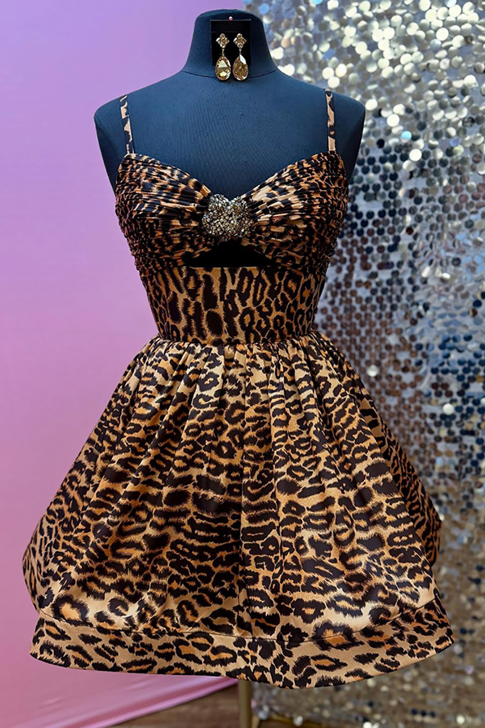 Sparkly Brown Leopard A Line Short Homecoming Dress with Beading