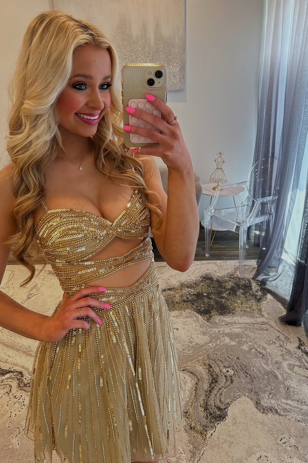 Homrain Women Sparkly Gold Sequins Short Homecoming Dress Spaghetti Straps Cut Out A Line Cocktail Dress