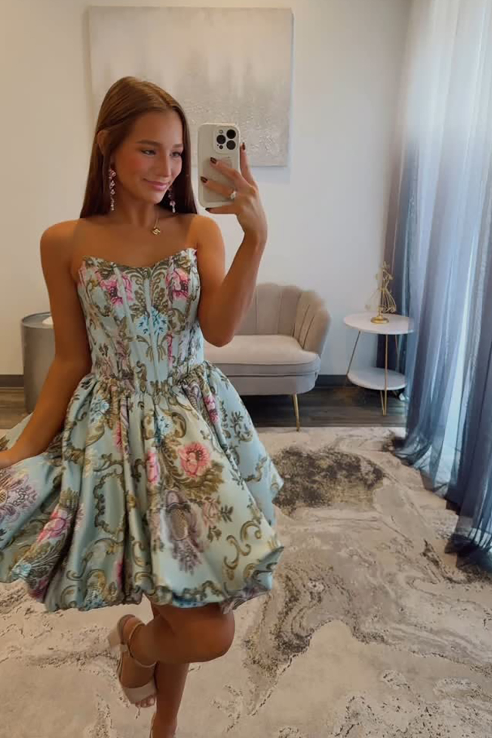 Green Floral Satin Corset A Line Strapless Short Homecoming Dress