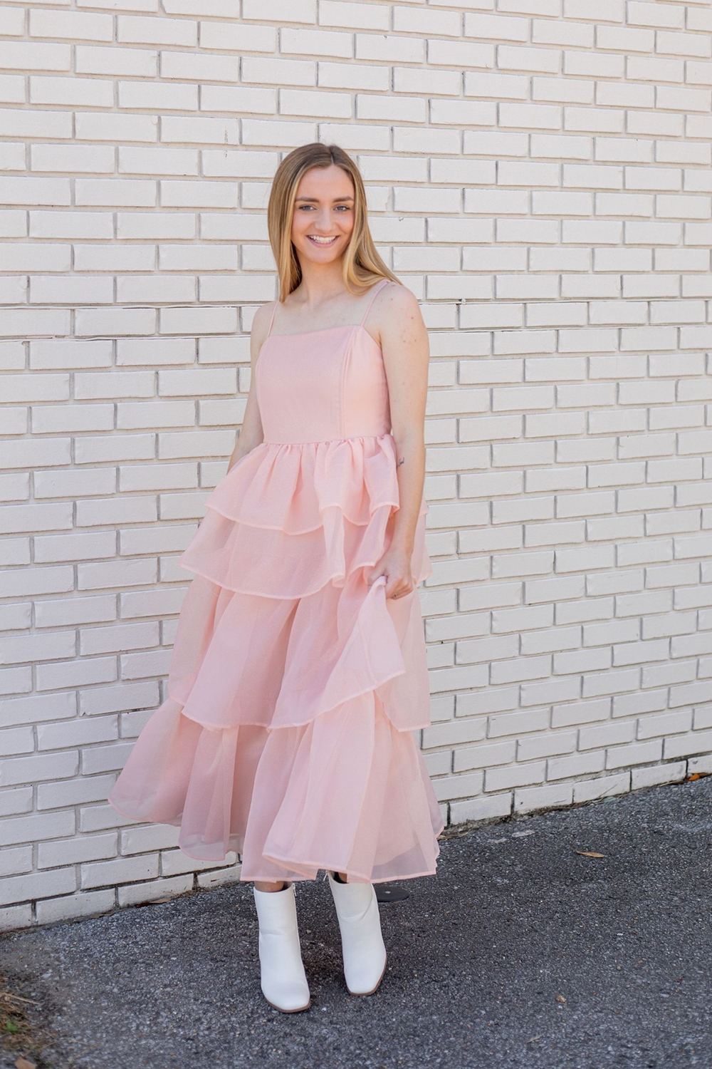 Pink Organza Tiered A Line Long Homecoming Dress