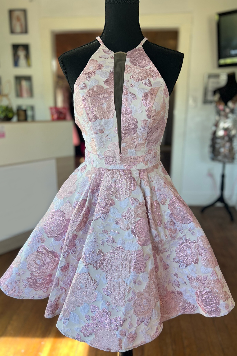 Pink Flower A-Line Halter Short Homecoming Dress