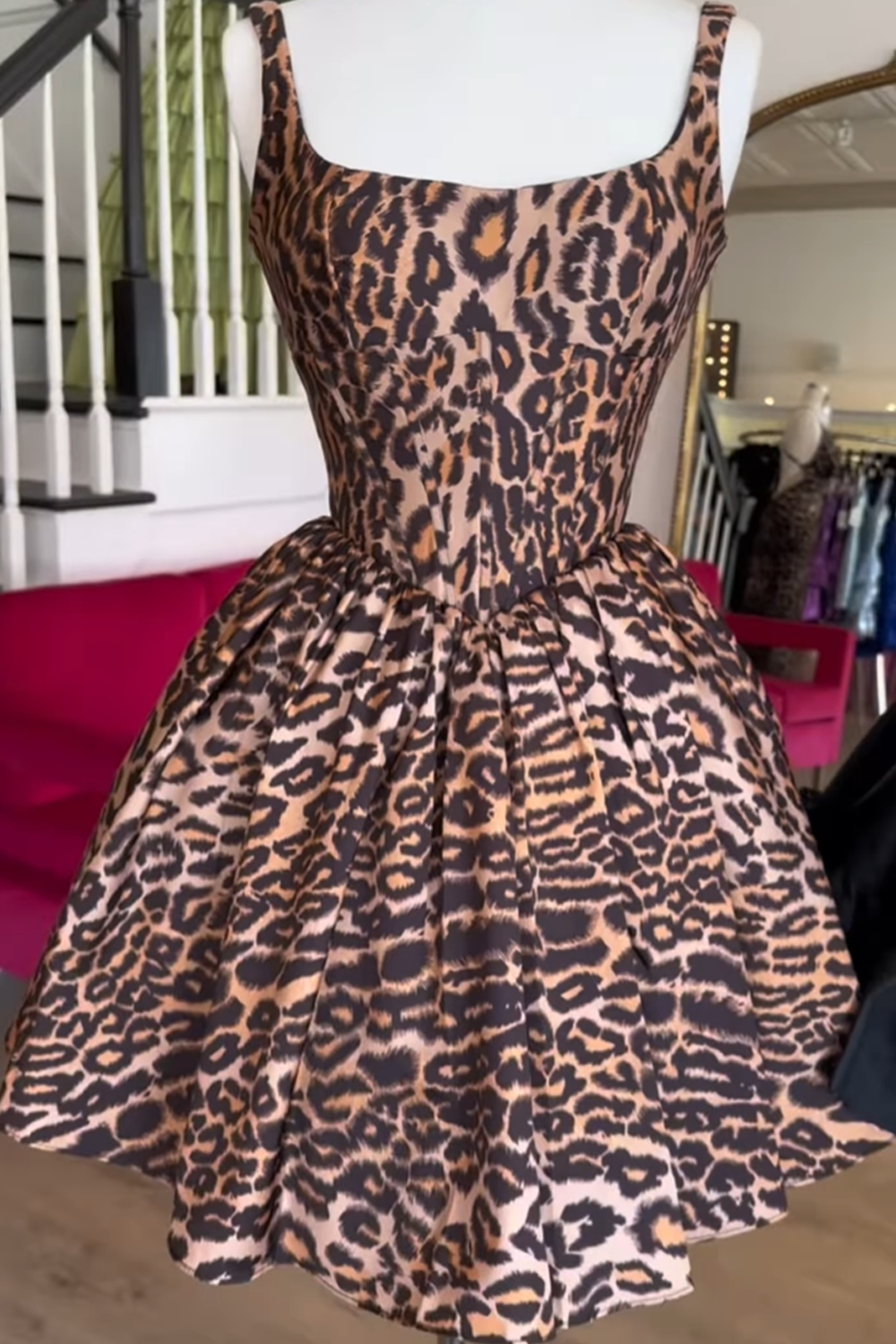 Brown Leopard A-Line Square Neck Short Homecoming Dress