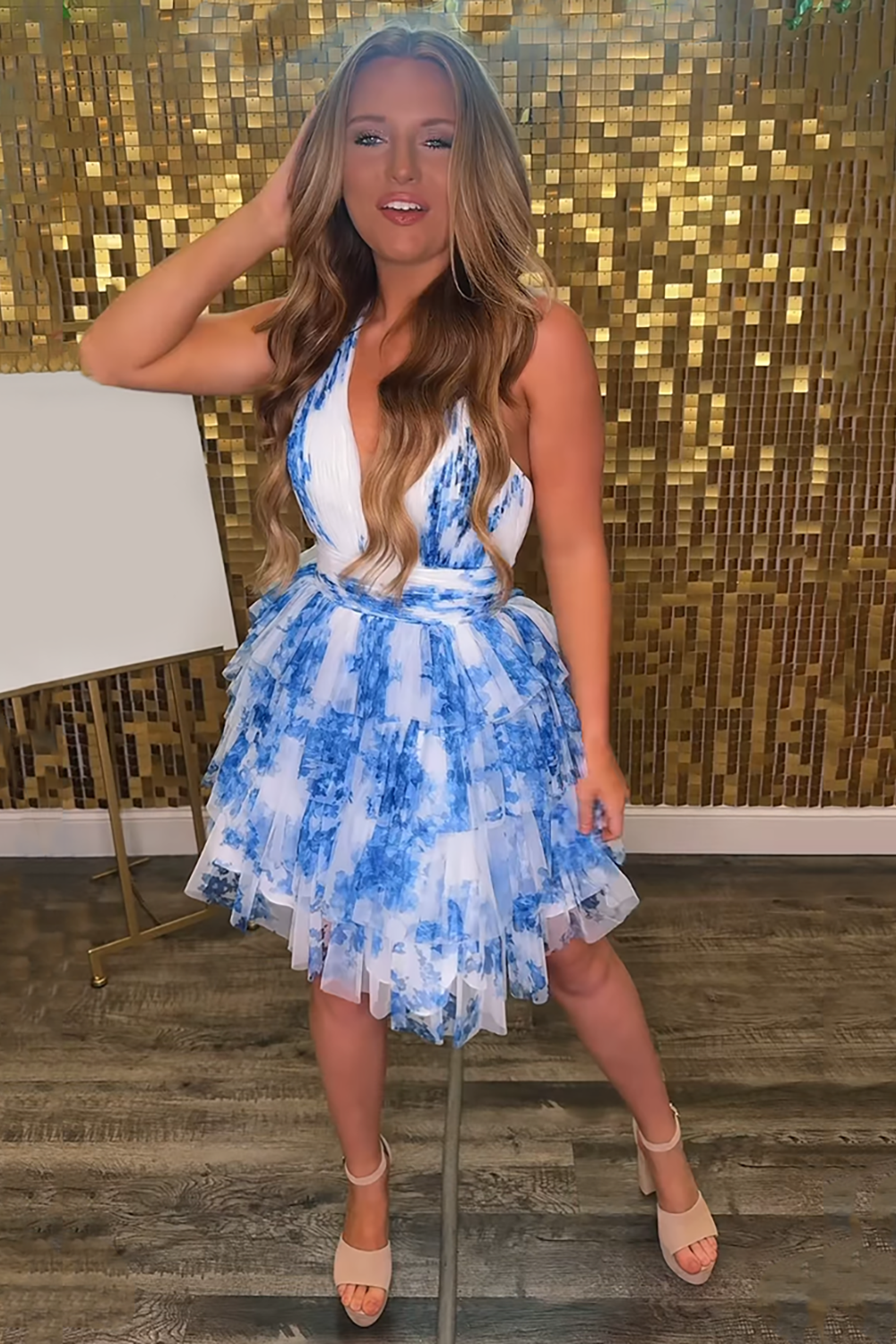 Blue Flower Tulle A-Line Halter Tiered Short Homecoming Dress