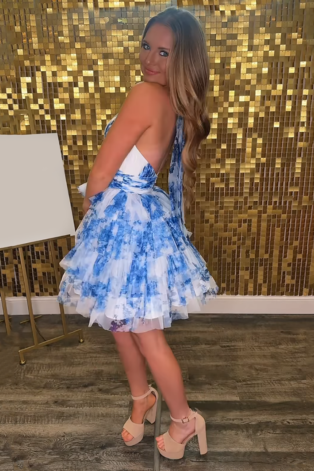 Blue Flower Tulle A-Line Halter Tiered Short Homecoming Dress