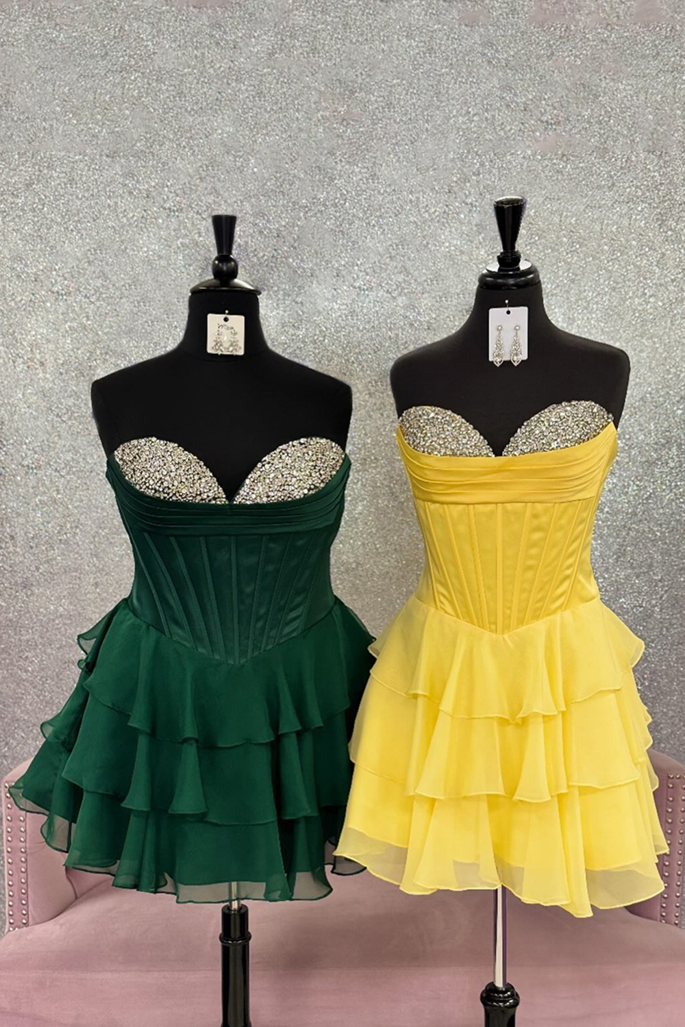 Sparkly Fuchsia Chiffon Corset Tiered Sweetheart Short Homecoming Dress