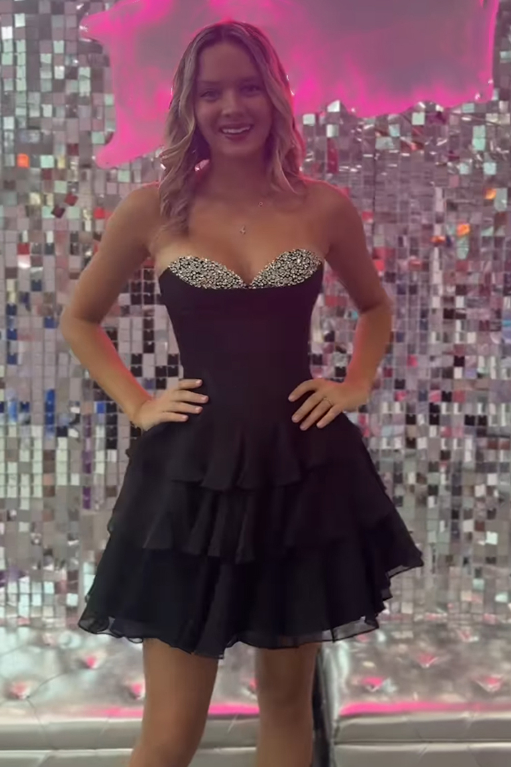 Sparkly Fuchsia Chiffon Corset Tiered Sweetheart Short Homecoming Dress