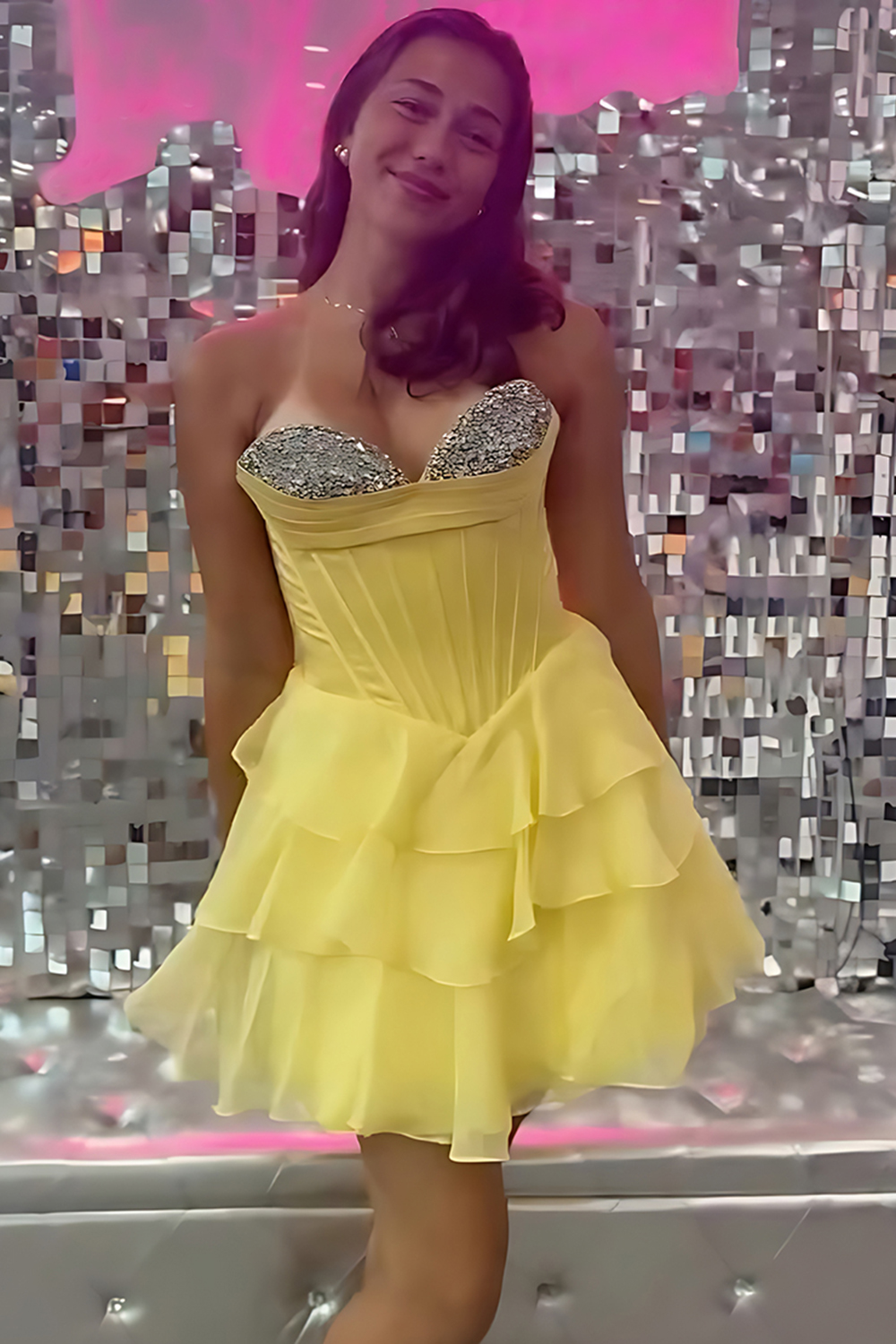 Sparkly Fuchsia Chiffon Corset Tiered Sweetheart Short Homecoming Dress