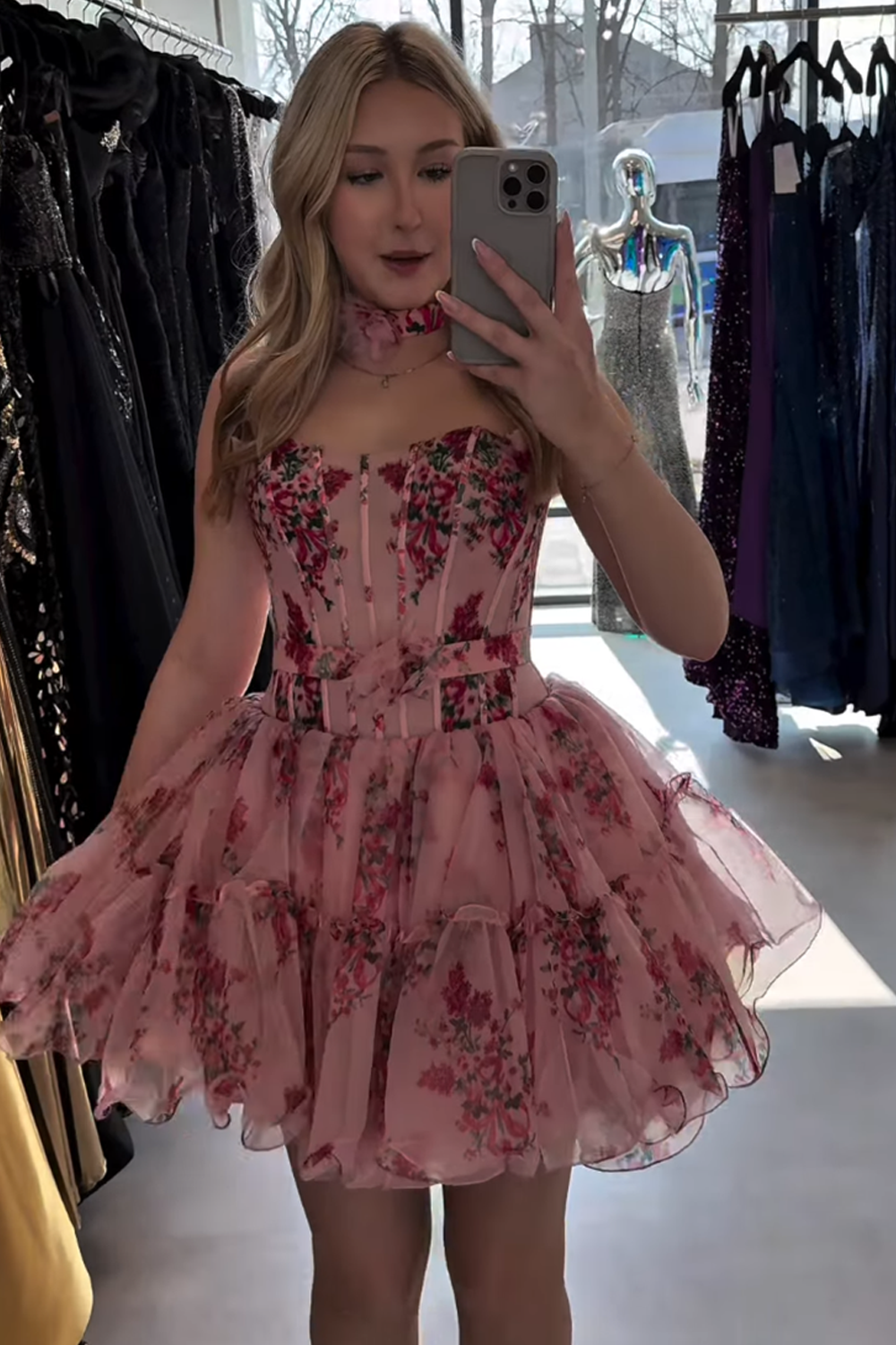 Pink Flower Corset Strapless A Line Ruffled Short Homecoming Dress