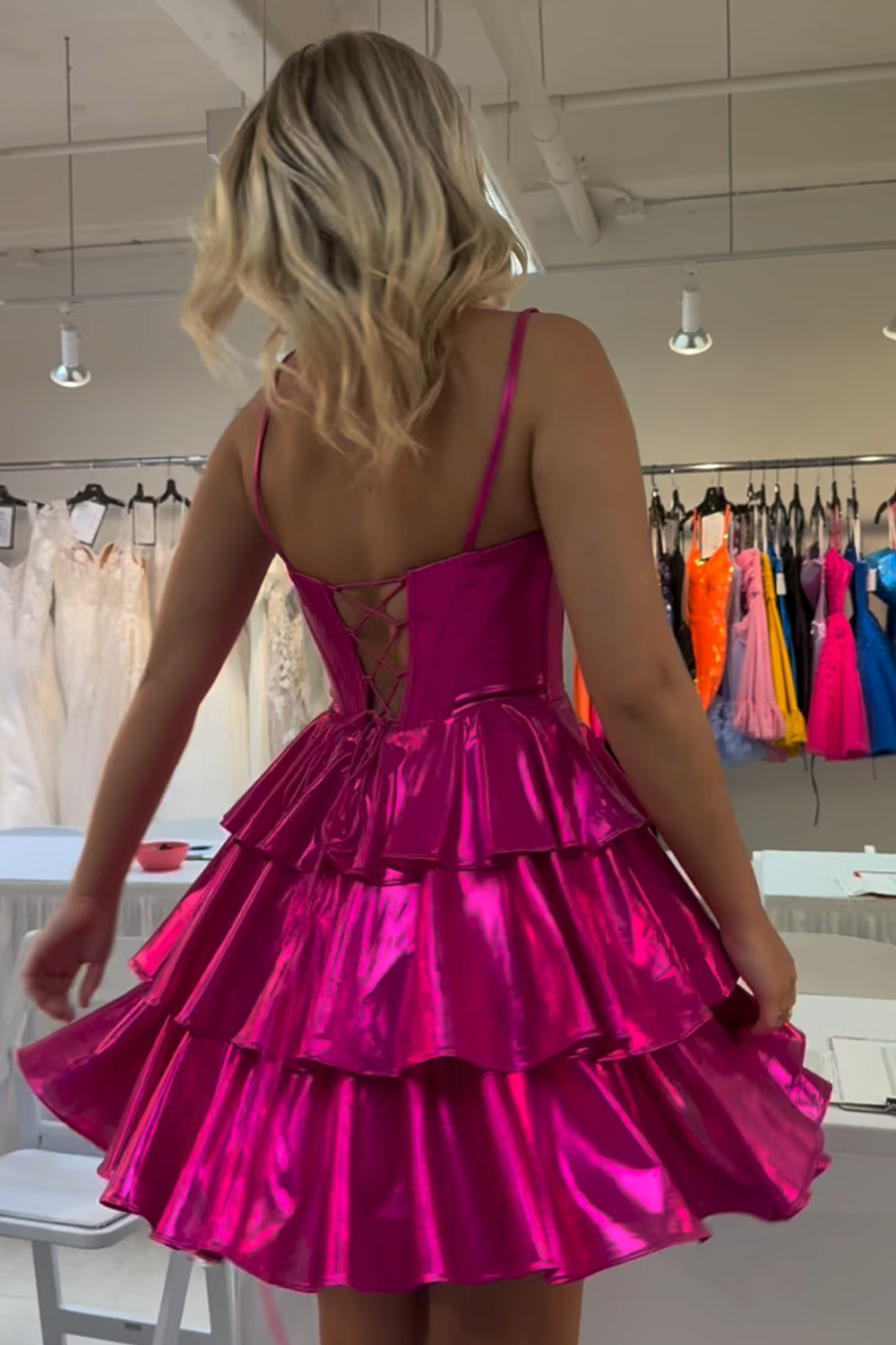 Fuchsia Corset A-Line Metallic Short Homecoming Dress